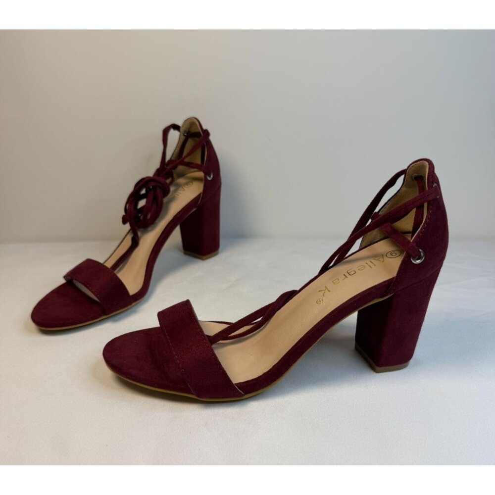 Allegra K Women's Size 9M Burgundy Open Toe Lace Up Chunky Heel Dressy  Sandals